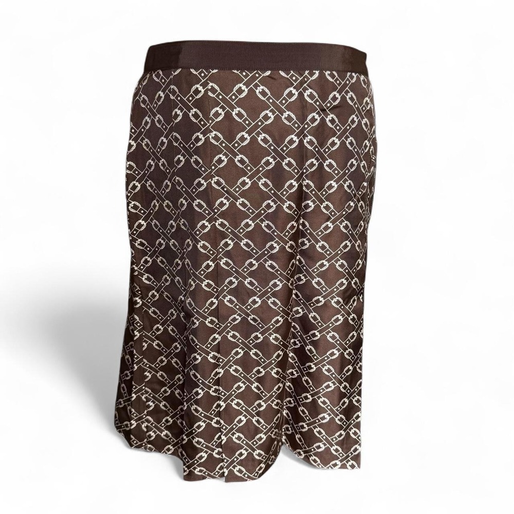 Vintage J Crew Brown Equestrian Buckle Print Brown Silk Midi Skirt Size 8 Preppy